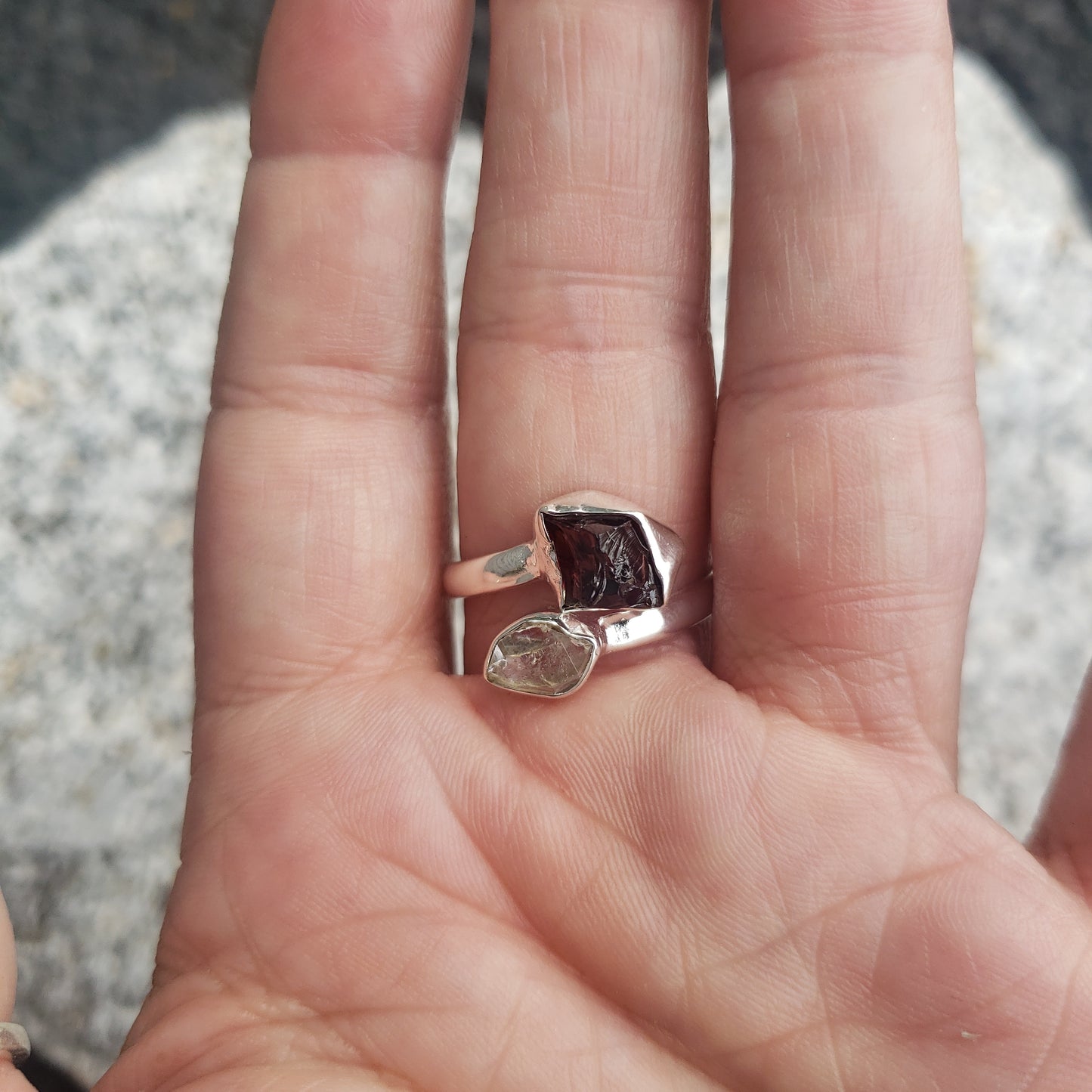Garnet and Herkimer Diamond rings