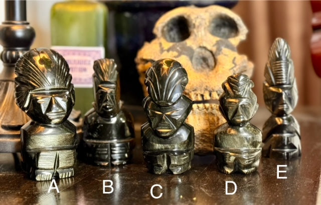 Vintage Hand Carved Aztec/Mayan Warrior Totum Statues Gold Sheen Obsidian