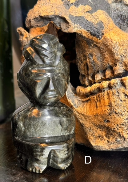 Vintage Hand Carved Aztec/Mayan Warrior Totum Statues Gold Sheen Obsidian